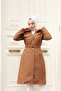 Seasonal a Line Quality Double Breasted Collar Lined Women's Hijab Trench Coat Camel - 2