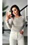 Gray Crew Neck Ecru Transitional Semi Sheer Blouse - 4
