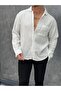 Men's White Single Pocket Detailed Cotton Textured Oversized Linen Shirt - 2
