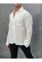 Men's White Single Pocket Detailed Cotton Textured Oversized Linen Shirt
