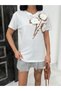 Women's T-Shirt White Floral Appliqué Premium New Season Trend Single Jersey 100% Cotton Crew Neck - 6