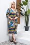 Women's V-Neck Blue Brown Ethnic Pattern Plus Size Flexible Dress - 2