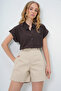 Women's Brown Cuffed Double Short Sleeve Textured Shirt Alc-X8724 - 3