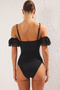 Black*001 Plain Carmen Ruffle Short Swimsuit - 4