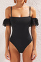 Black*001 Plain Carmen Ruffle Short Swimsuit - 3