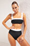 Siyah-Beyaz Renk Bloklu Biyeli Bralette Kaplı Hipster Yüksek Bel Bikini Takımı TBESS25BT00062 - 3