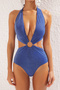 Saks Derin V Yaka Cut Out Detaylı Aksesuarlı Simli Regular Mayokini TBESS25MY00005 - 6