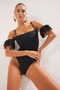 Black*001 Plain Carmen Ruffle Short Swimsuit