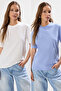 Ekru-Mavi 2'li Paket %100 Pamuk Basic Dik Yaka Örme T-Shirt TWOSS20TS1500