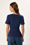 Navy-Ecru Cotton Ribbed V-Neck Stretchy Knitted Blouse Twoss25Bz00405 - 4