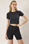 Siyah Seamless/Dikişsiz Crop Örme Takımlanabilir Spor Üst/Bluz THMSS25BZ00004 - 2