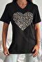 Women's Black V-Neck Plus Size Heart Pattern Sequin Sequin Embroidered 100% Cotton Plus Size T-Shirt - 3