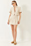 Women's Beige Single Button Short Sleeve Crop Jacket Mini Skirt Linen Suit 50061 60271061
