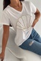 Women's White V-Neck Seashell Sequin Embroidered 100% Cotton T-Shirt - 3