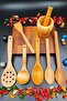 Natural Wood Kitchen Serving Spoon Colander Spatula Ladle Canister Set of 8 Handcrafted Dowry Set - 8