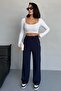 Women's High Waist Velcro Closure Lycra Navy Blue Palazzo Trousers - Daily Comfortable Fit - 8