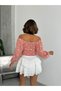 Women's Daisy Patterned Blouse with Elastic Neckline and Tulle Detail on Sleeves - 5