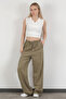 Women's Elastic Waist Lace-Up Wide Leg Trousers Khaki - 4707 - 2