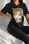 Women's Black V-Neck Large Size Hat Women's Sequin Sequin Embroidered 100% Cotton T-Shirt - 4
