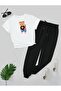 Fancy Plush Teddy Printed T-shirt Jogger Pants Comfortable Fit Black Tracksuit Set