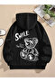 سويت شيرت أسود بطبعة SMILE بقلنسوة كبير الحجم للجنسين سميك للشتاء