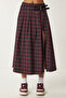 Belted Checkered Flared Woven Skirt Bordo Black Lns0015 - 4