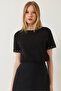 Women's Black T-Shirt with Stone Embroidery on the Sleeves 60602002 - 4