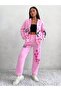 Women's Pink Keep On Smiling Printed Oversize 3 Thread Cardigan Tracksuit Set - 3