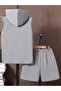 Unisex Plus Size Label Printed Sleeveless Hooded T-Shirt and Shorts Bottom Top Set - 2