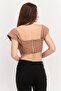Women Off Shoulder Neck Short Sleeve Ruched Crop Top, Brown - 2