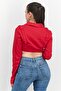 Women Notched Collar Long Sleeve Textured Crop Top, Red - 3