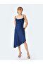 Spaghetti strappy boat neck asymmetric midi slip satin dress. - 3