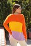 V-Neck Long Sleeve Striped Detail Asymmetrical Corduroy Long Bat Sleeve Three Color Block Knitwear Sweater - 2