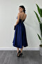 Satin Fabric Back Rope Detail Midi Dress - Navy Blue - 5