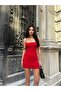 Women's Red Bodycon Mini Dress with Adjustable Straps and Draped Sides - 6