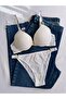 Woman's white stone striped v model supported underwire bra set underwear set