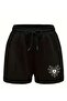 Women's Spider Web Heart Printed Bermuda Pocket Corded Comfortable Fit Black Shorts