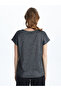 Black Stand Collar Shiny Look Women's T-Shirt - 4