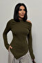 Women's Khaki Draped Boat Neck Asymmetrical Lycra Knitted Blouse - 3