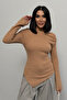 Women's Biscuit Draped Boat Neck Asymmetrical Lycra Knitted Blouse - 2