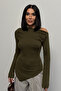 Women's Khaki Draped Boat Neck Asymmetrical Lycra Knitted Blouse