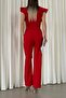 Red Crepe Fabric Sleeves Flywheel Detail Belted Belted Jumpsuit - 4