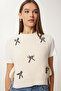 Bow-Tie Tied Crop Knit Sweater Cream Lmt0025 - 2