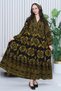 Women's Khaki Black Colored Ethnic Print Ankles Elastic Balloon Sleeve Long Dress - 2