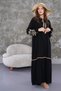 Women's Black Embroidery Detailed Placket Neckline Elastic Long Sleeve Long Dress - 3