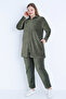 Women's Plus Size Line Print Long Sleeve Zipper Pocket Cotton Velvet Bottom Top Suit