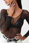 Women's Black Sparkling Off-Shoulder Combination Evening Wear Bodysuit Fishnet Crop Stone Blouse - 4