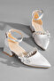 Women's Silver Satin Mini Heeled Shoes Stone Embroidered Pointed Toe Sveta - 3