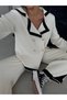 Women's Ecru Gold Buttoned Striped Knitwear Cardigan and Palazzo Trousers Top and Bottom Set Oversize Double Suit