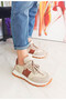Beige-Tan Color Lace-Up Flat Sole Women's Sneakers - 4